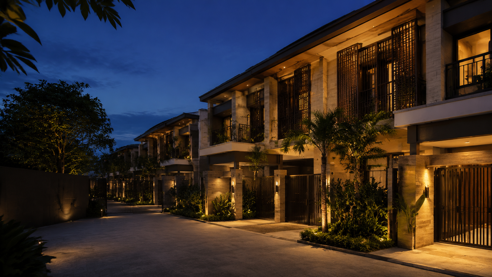 Contemporary terraced residences at blue hour